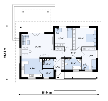 Проект практичного одноэтажного дома из газобетона с двумя частично крытыми террасами / План 1 этажа