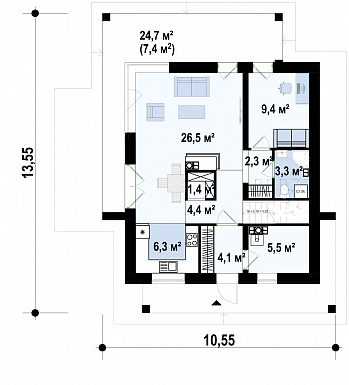 Проект двухэтажного дома со светлой гостиной, кладовой в кухне, спальней на первом этаже, мастер-спальней / План 1 этажа