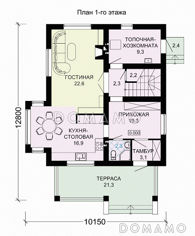 Проект двухэтажного дома из пеноблоков с тремя спальными комнатами / План 1 этажа