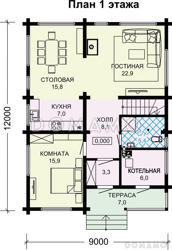 Проект дома из бруса с 4 спальнями и кабинетом с балконом / План 1 этажа