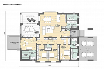 Проект просторного дома в скандинавском стиле с хамамом, зоной отдыха и навесом для 2 машин / План 1 этажа
