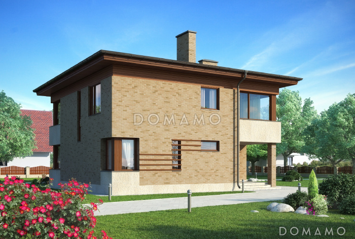 Проект двухэтажного квадратного дома с отрытой террасой, спальней на первом этаже, большой ванной