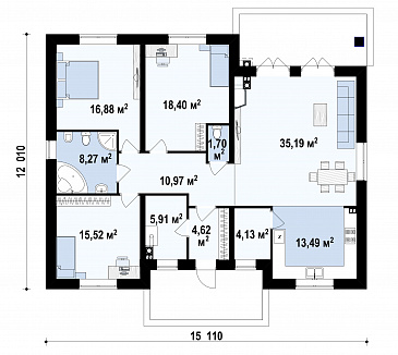 Проект одноэтажного дома из газобетона с тремя спальнями и небольшой крытой угловой террасой / План 1 этажа