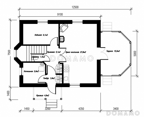 Проект экономичного коттеджа с террасой. / План 1 этажа