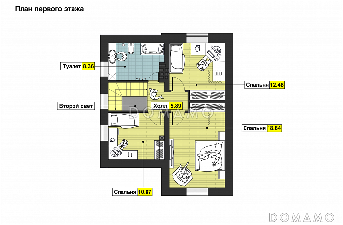 Проект дома с навесом для машины, котельной-постирочной, совмещенной кухней и гостиной / План мансардного этажа