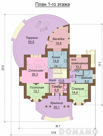 Проект одноэтажного дома с мансардным и цокольным этажами, с двумя эркерами / План 1 этажа
