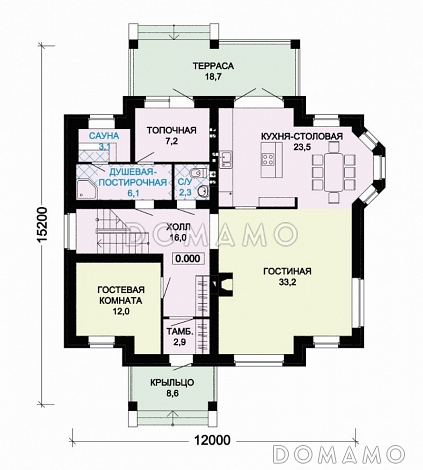 Проект дома из пеноблоков с террасой и сауной / План 1 этажа