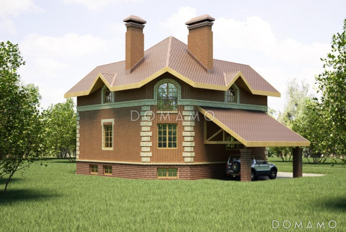 Проект коттеджа с эффектной главной лестницей, со спортзалом в подвале, и угловым крыльцом