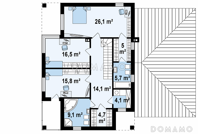 Проект просторного двухэтажного дома из газобетона с дополнительной спальней на первом этаже, гаражом и сауной / План 2 этажа