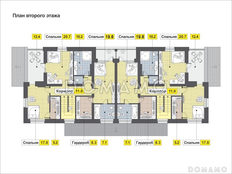 Загородный дом для большой семьи с функциональной планировкой, гаражом, барбекю на террасе / План 2 этажа