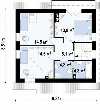 Проект компактного одноэтажного мансардного дома из газобетона квадратной формы с барбекю на террасе / План мансардного этажа