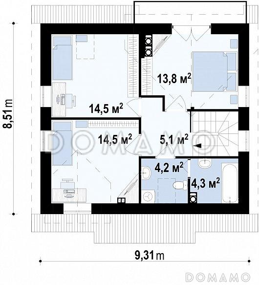 Проект компактного одноэтажного мансардного дома из газобетона квадратной формы с барбекю на террасе / План мансардного этажа