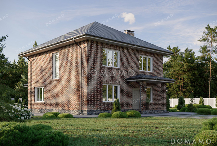 Проект двухэтажного дома с четырьмя спальнями наверху и одной внизу