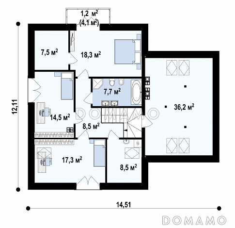 Проект дома с подвалом, гаражом, террасой, кладовой на кухне, балконом / План мансардного этажа