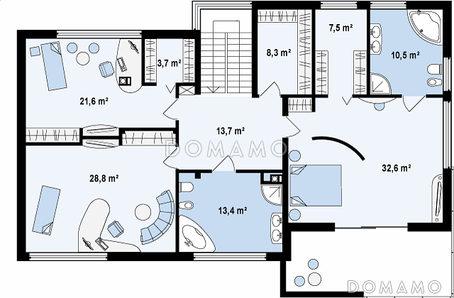 Проект современного двухэтажного дома в стиле хай-тек из газобетона с плоской крышей, гаражом и балконом / План 2 этажа