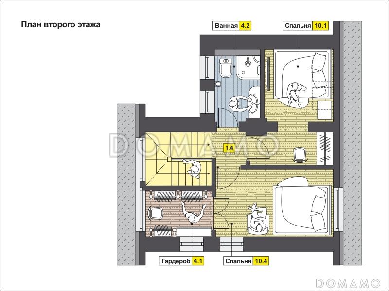 Проект малогабаритного дома с кладовой в подвале, зоной отдыха, двумя спальнями, окном в ванной / План мансардного этажа