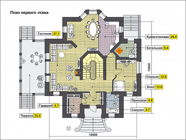 Проект дома с эркером, цокольным этажом с окнами, бассейном и сауной, вторым светом, спальней с балконом / План 1 этажа