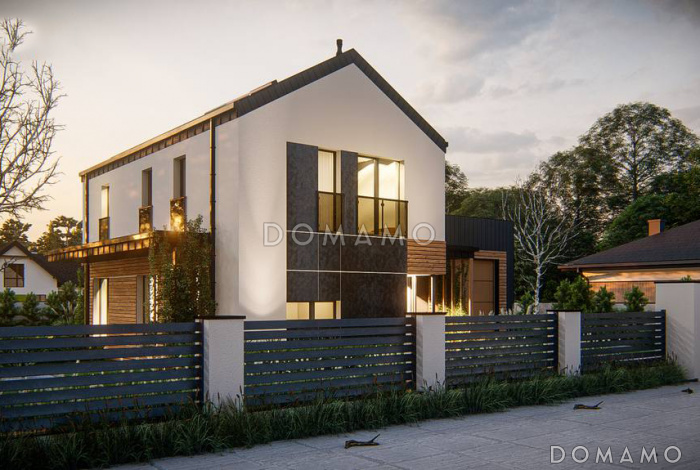 Проект двухэтажного дома с гаражом и террасой над ним, кухней с двумя окнами, кладовой