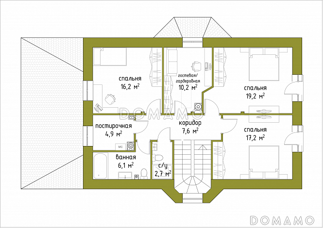 Проект коттеджа из кирпича с французскими балконами и большим кабинетом первого этажа / План мансардного этажа