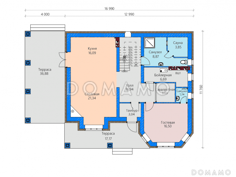 Проект загородного дома с террасами, детской и гостевой с эркером, сауной, просторной гардеробной на втором этаже  / План 1 этажа