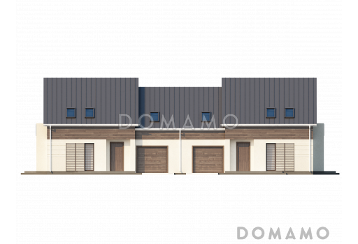 Проект современных мансардных домов-близнецов из кирпича с гаражом, тремя спальнями и балконом / Фасад 1