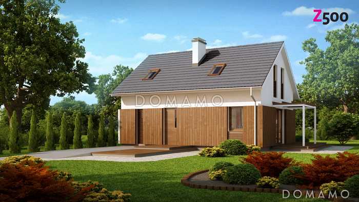 Проект одноэтажного мансардного дома из кирпича с навесом для автомобиля