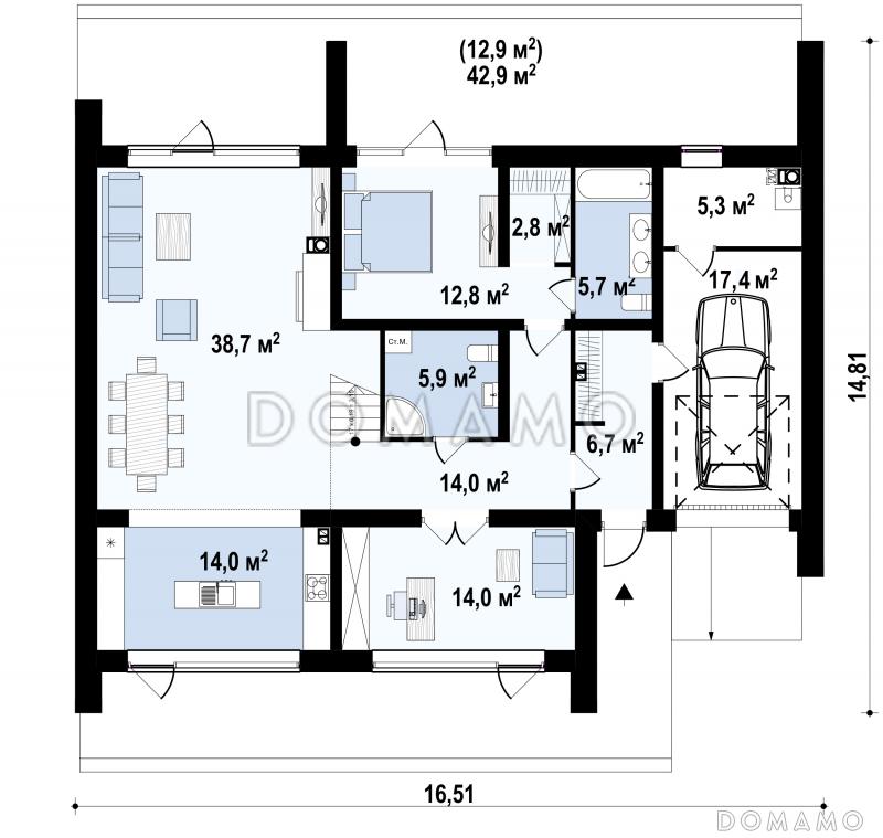 Проект современного одноэтажного мансардного дома с двухскатной крышей из кирпича с четырьмя комнатами и гаражом / План 1 этажа
