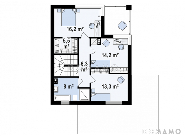 Проект компактного двухэтажного дома из газобетона с гаражом на два автомобиля  / План 2 этажа