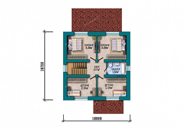 Проект двухэтажного дома с четырьмя спальнями наверху и одной внизу / План 2 этажа
