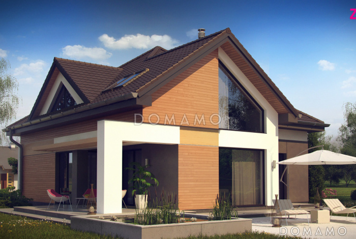 Проект одноэтажного мансардного дома из кирпича с гаражом и тремя спальнями и балконом