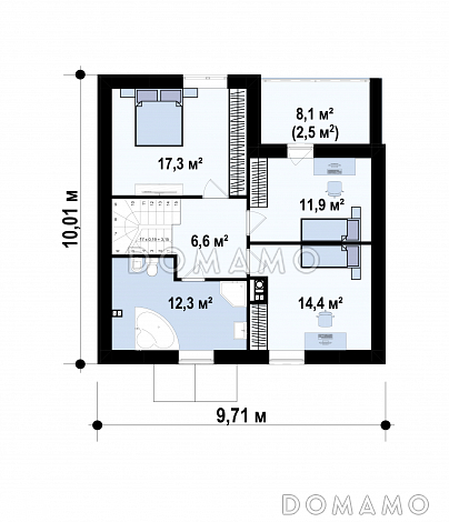 Проект загородного дома с камином, просторной гостиной, балконом, большой ванной с окном на мансарде / План мансардного этажа