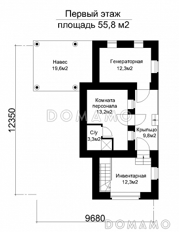 Проект одноэтажного дома вспомогательного назначения с подвалом и комнатой персонала  / План 1 этажа
