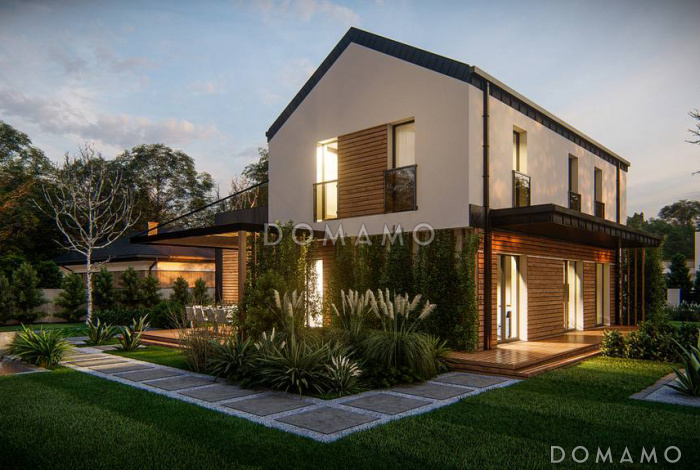 Проект загородного двухэтажного дома с гаражом и террасой над ним, кухней с двумя окнами, кладовой