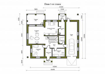 Проект двухэтажного дома из каменных блоков и бруса, с тремя балконами и террасой / План 1 этажа