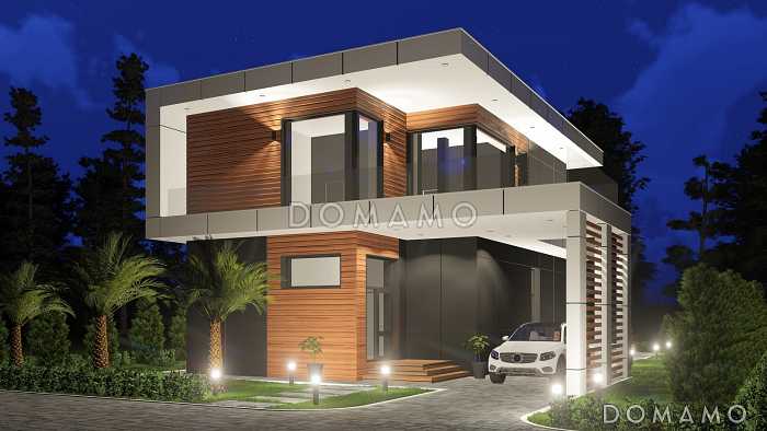 Проект дома с большой террасой и навесом для автомобиля S-158