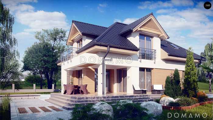 Проект загородного дома с подвалом, гаражом, террасой, кладовой на кухне, балконом