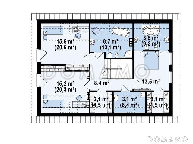 Проект одноэтажного мансардного дома из газобетона с кабинетом, открытой угловой террасой и гаражом  / План мансардного этажа