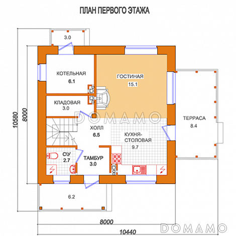 Проект компактного дома с террасой / План 1 этажа