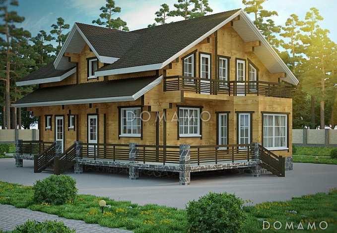 Проект дома из клееного бруса с большим балконом на мансардном этаже