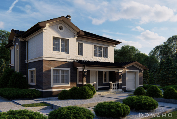 Проект двухэтажного дома с мастер-спальней с выходом на террасу, гостиной с камином, кладовой, гаражом для одной машины