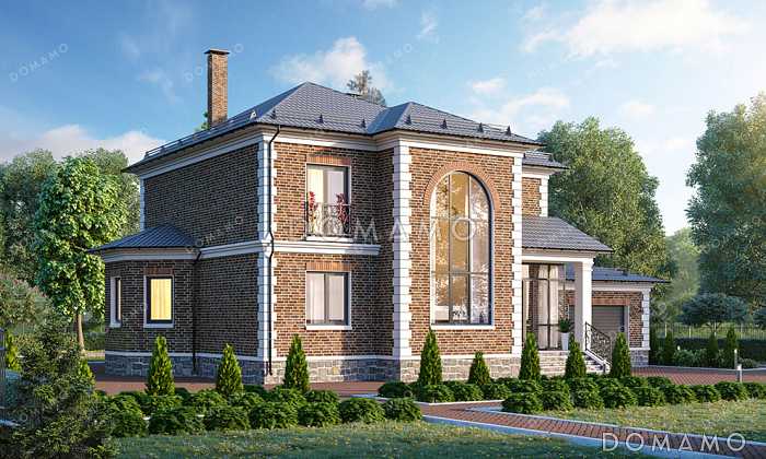 Проект двухэтажного дома с панорамным светлым окном и французским балконом в классическом стиле с эркером