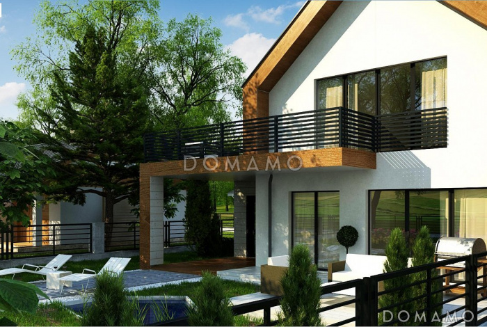 Проект современного двухэтажного дома из газобетона для двух семей, с гаражом и террасой над ним