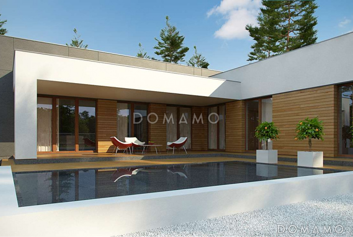 Проект современного одноэтажного дома из кирпича с плоской крышей, с большой угловой террасой и двухместным гаражом