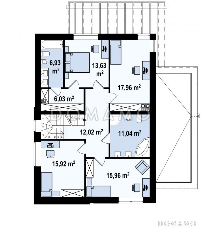 Проект современного двухэтажного дома из газобетона с плоской крышей с четырьмя спальнями, кабинетом и двухместным гаражом / План 2 этажа