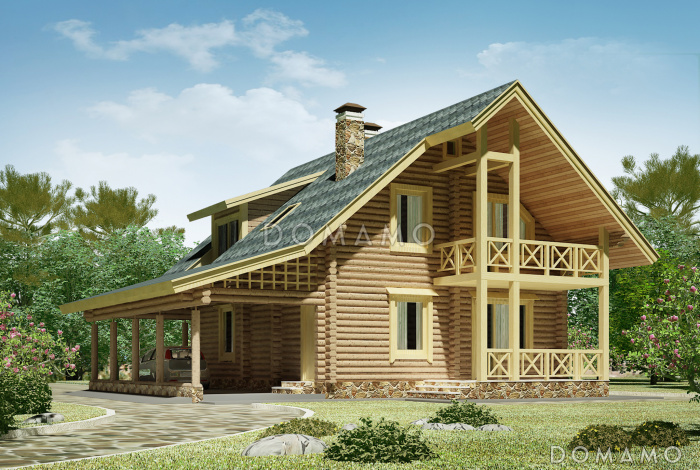 Проект деревянного дома с навесом для автомобиля