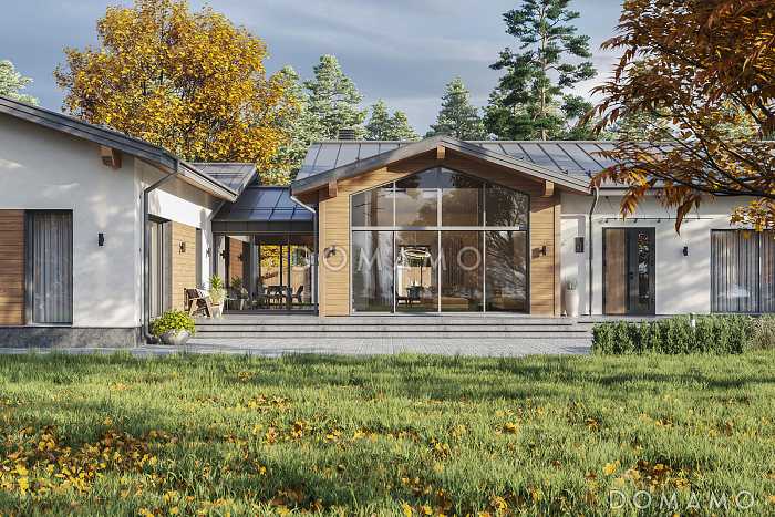 Проект одноэтажного каркасного дома Г-образной формы с навесом для автомобилей, сауной и верандой