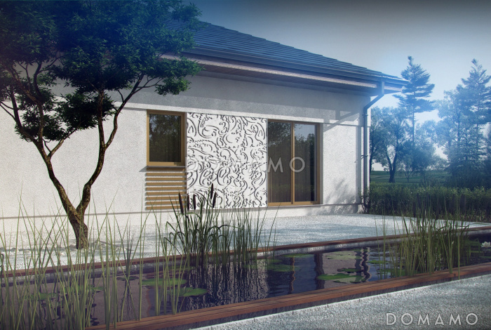 Проект большого одноэтажного дома из кирпича с тремя спальнями, кабинетом и гаражом на два автомобиля