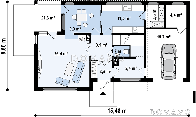 Проект современного двухэтажного дома из газобетона с четырьмя комнатами, гаражом, террасой и балконом / План 1 этажа