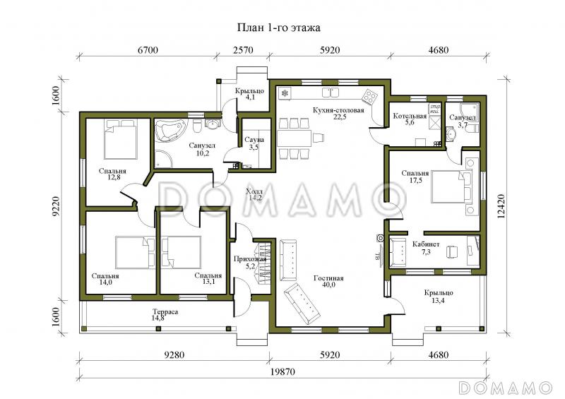 Проект каркасного дома с панорамным остеклением и сауной / План 1 этажа