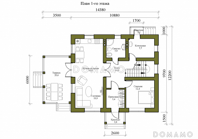 Проект двухэтажного дома с тремя спальнями на втором этаже и спальней на первом этаже / План 1 этажа